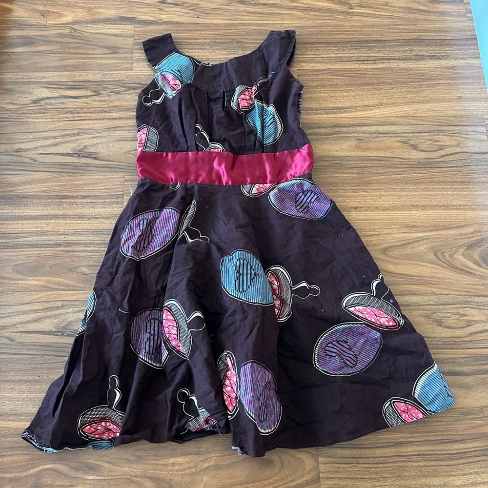 Custom burgundy African print flare dress with keyhole and Satin Waistband